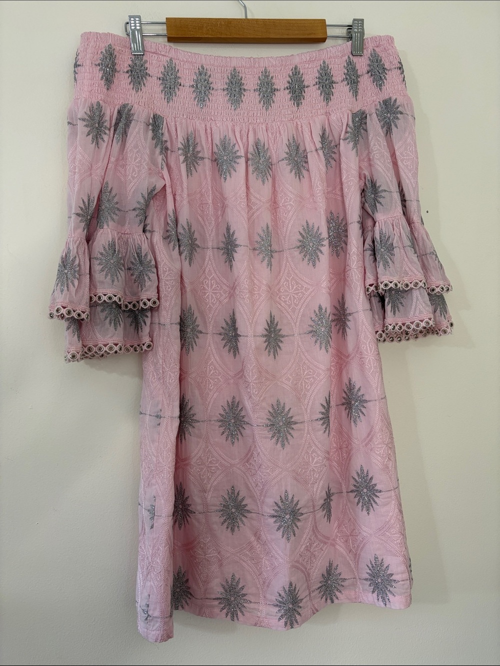 Boston Proper Metallic Detail Off-The-Shoulder Dress Pink Silver Celestial Small